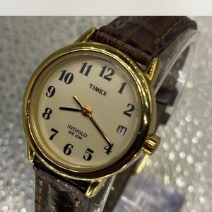 *** Timex  ^^^ Gold Tone Case with Cream Dial and Brown Leather Strap ***
